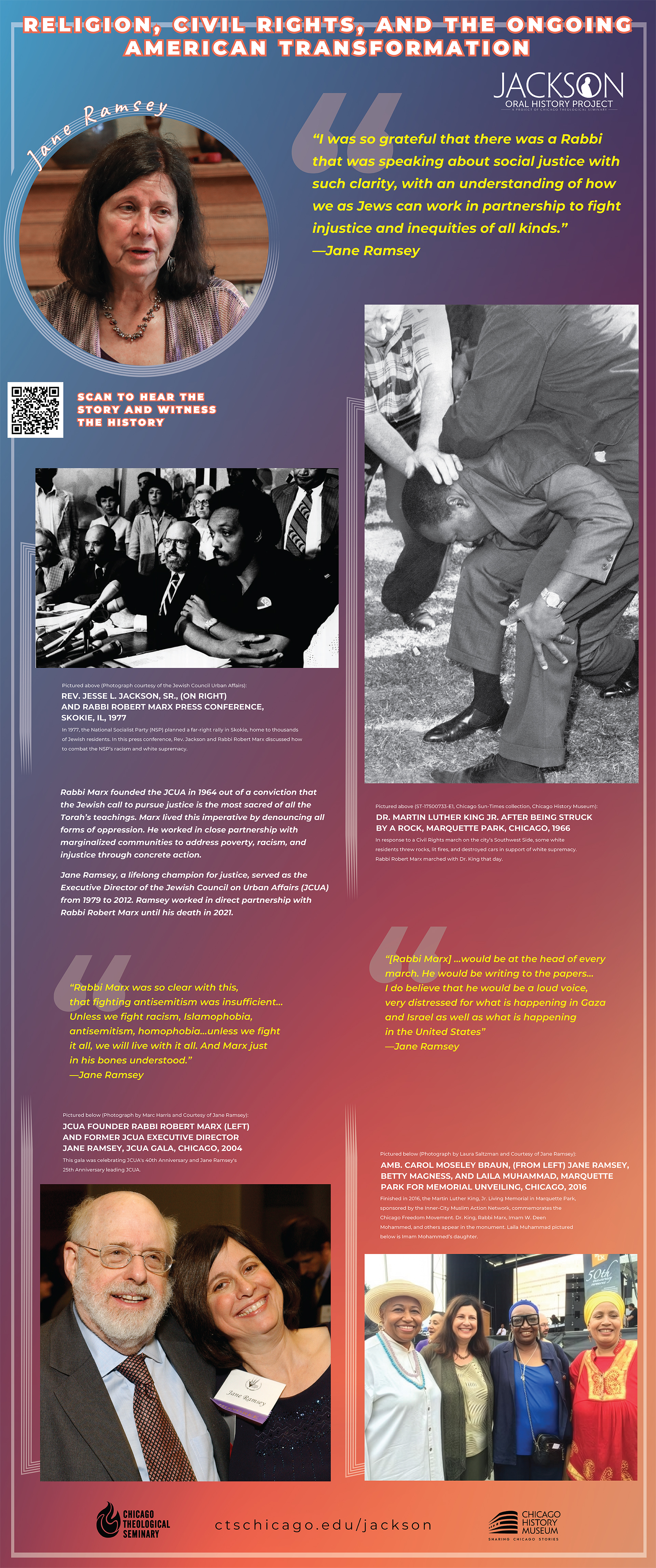 Rev. Jesse L. Jackson Oral History Project  exhibition featuring ten 33 by 80 inch pop-up banner panels displaying historical photographs, quotes, and QR codes linking to oral history video and audio recordings.